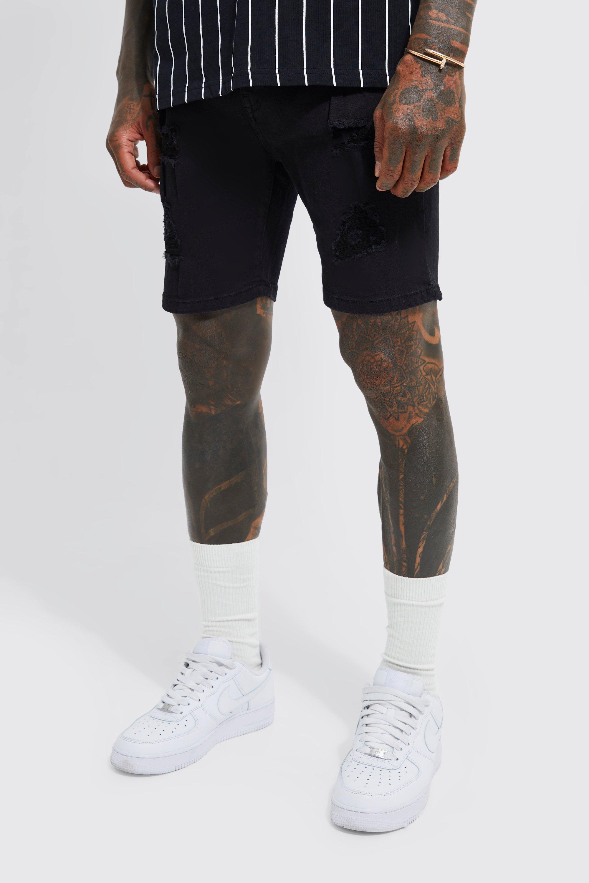 Mens Black Skinny Stretch Multi Rip Denim Shorts, Black
